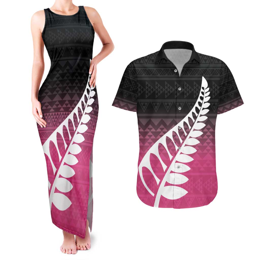 Pink Silver Fern Spirit Taniko Tukutuku Personalised Couples Matching Tank Maxi Dress and Hawaiian Shirt LT9 Pink - Polynesian Pride