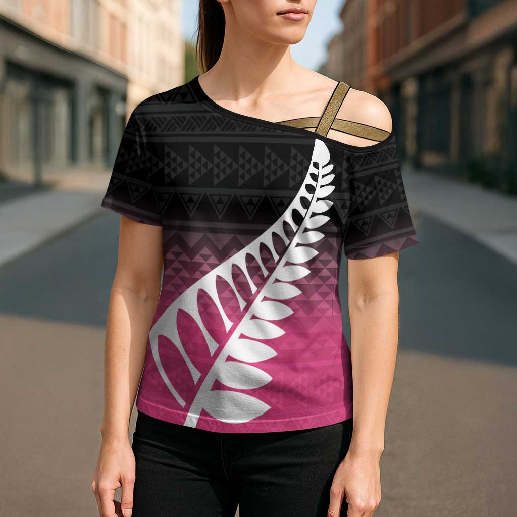 Pink Silver Fern Spirit Taniko Tukutuku Personalised Cross Shoulder Shirt - Polynesian Pride