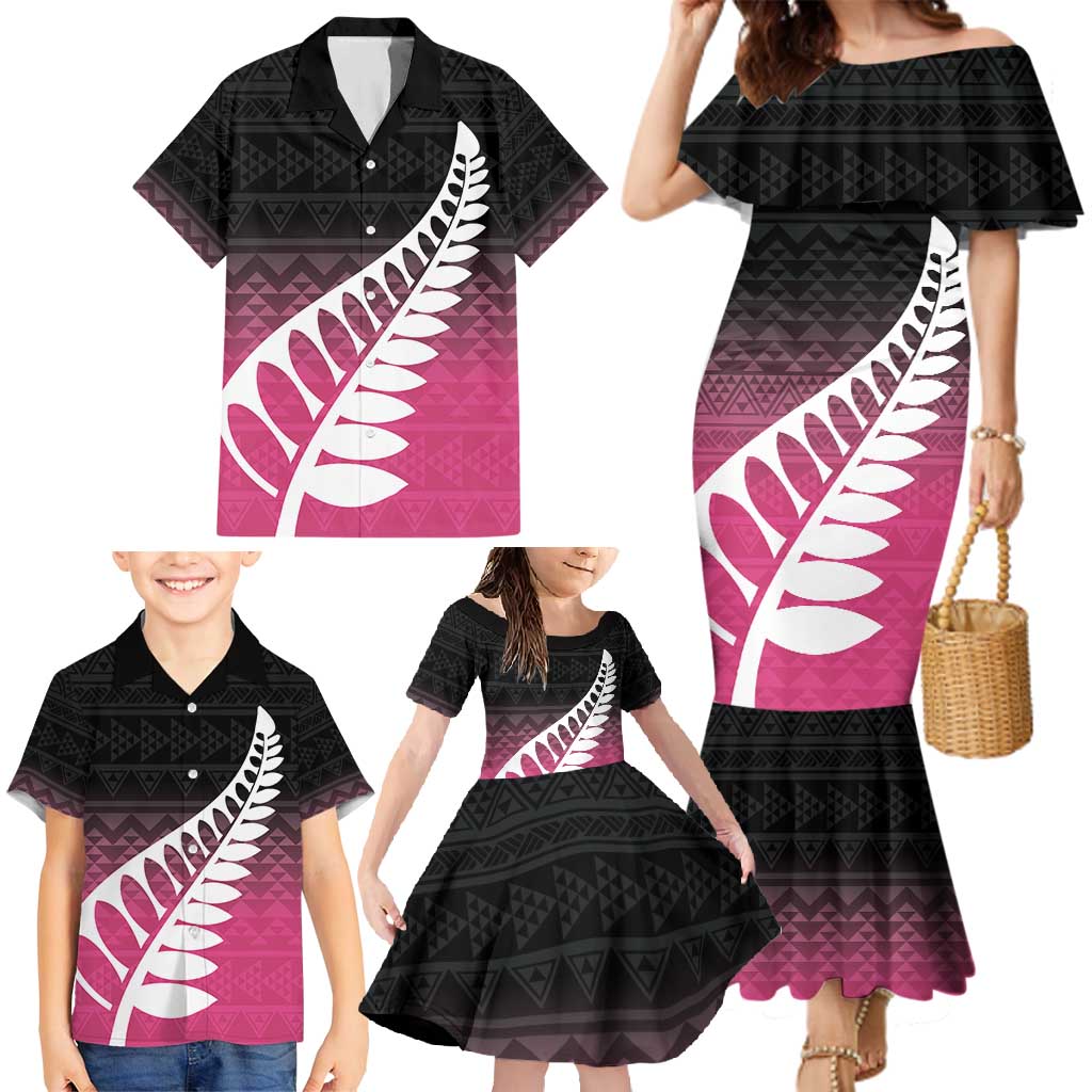 Pink Silver Fern Spirit Taniko Tukutuku Personalised Family Matching Mermaid Dress and Hawaiian Shirt