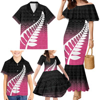 Pink Silver Fern Spirit Taniko Tukutuku Personalised Family Matching Mermaid Dress and Hawaiian Shirt
