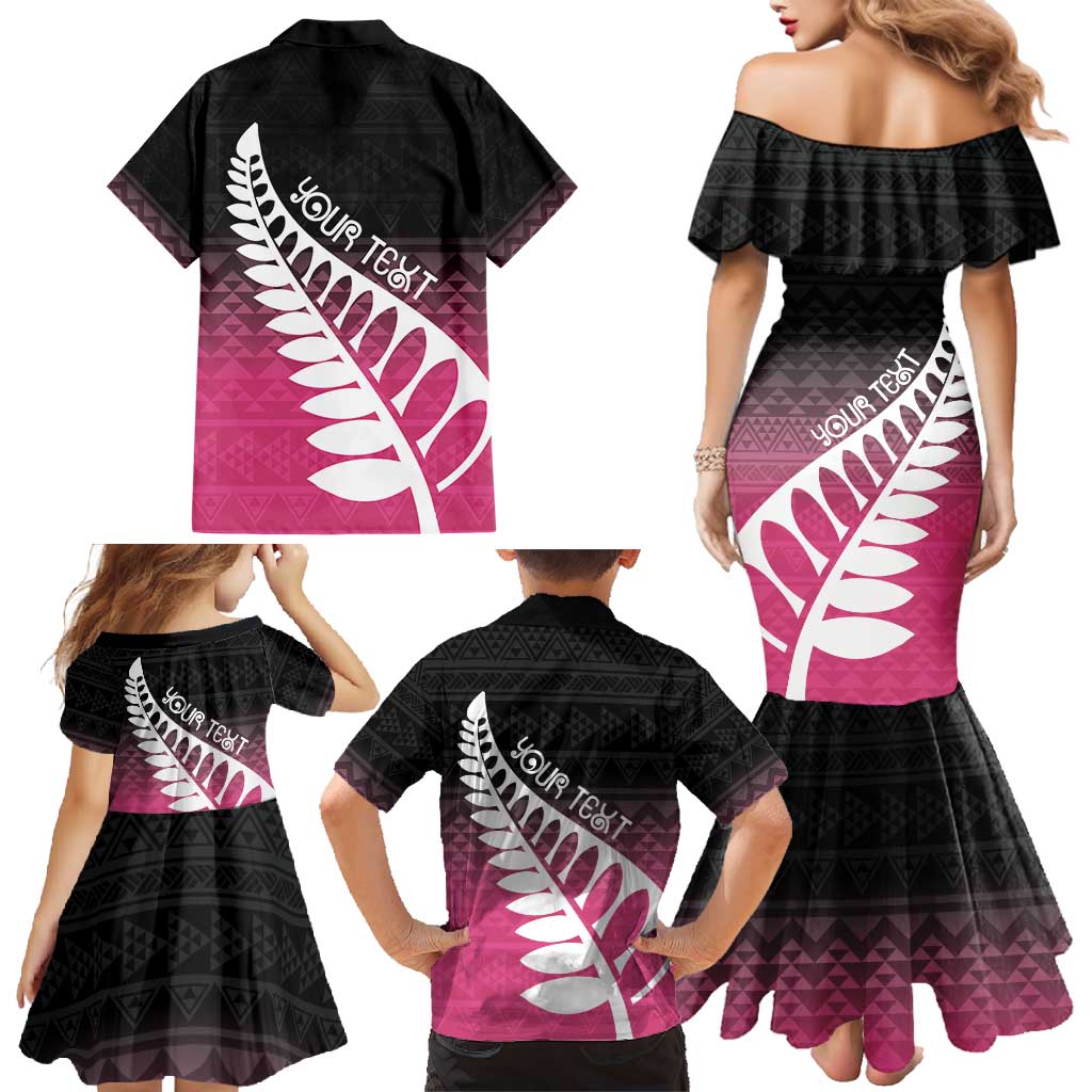 Pink Silver Fern Spirit Taniko Tukutuku Personalised Family Matching Mermaid Dress and Hawaiian Shirt
