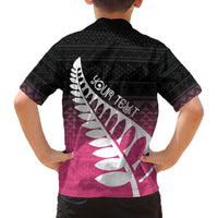 Pink Silver Fern Spirit Taniko Tukutuku Personalised Family Matching Off The Shoulder Long Sleeve Dress and Hawaiian Shirt