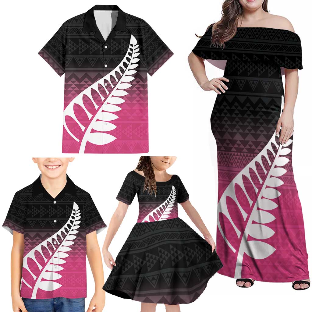 Pink Silver Fern Spirit Taniko Tukutuku Personalised Family Matching Off Shoulder Maxi Dress and Hawaiian Shirt