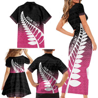 Pink Silver Fern Spirit Taniko Tukutuku Personalised Family Matching Short Sleeve Bodycon Dress and Hawaiian Shirt