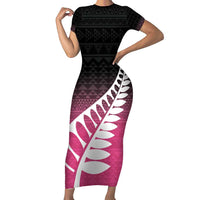 Pink Silver Fern Spirit Taniko Tukutuku Personalised Family Matching Short Sleeve Bodycon Dress and Hawaiian Shirt