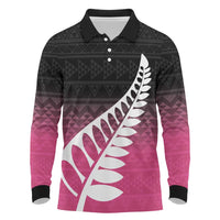 Pink Silver Fern Spirit Taniko Tukutuku Personalised Long Sleeve Polo Shirt