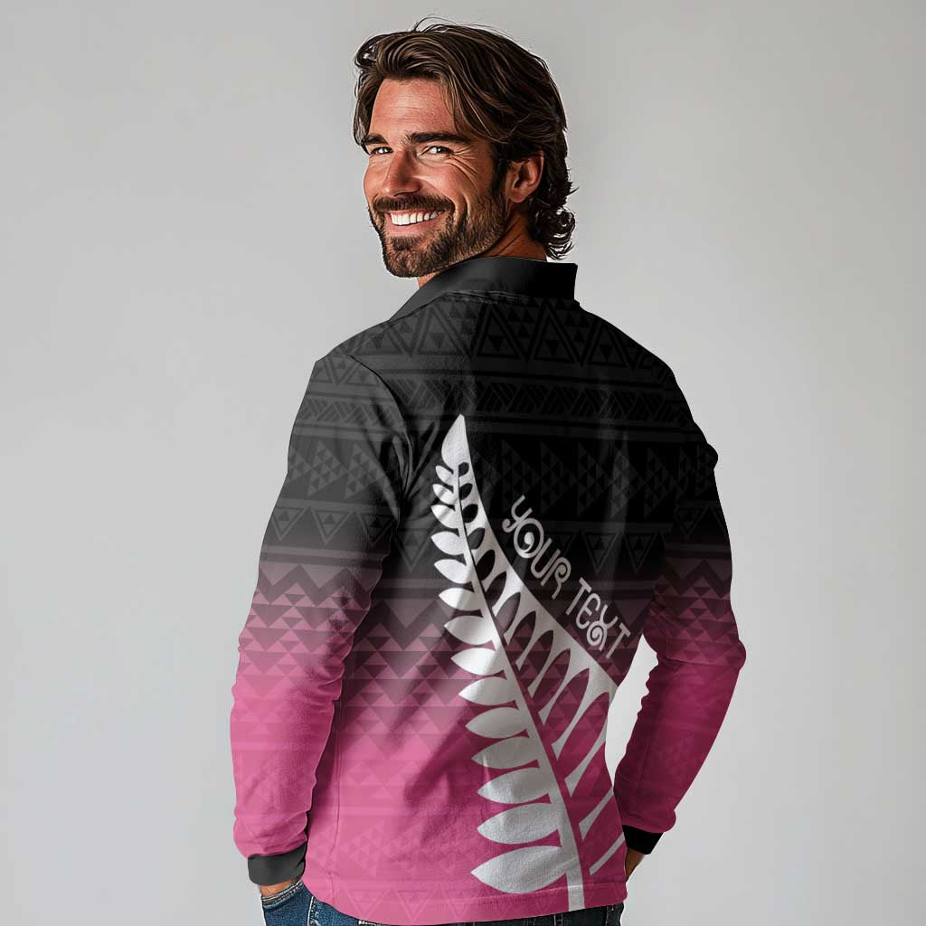 Pink Silver Fern Spirit Taniko Tukutuku Personalised Long Sleeve Polo Shirt