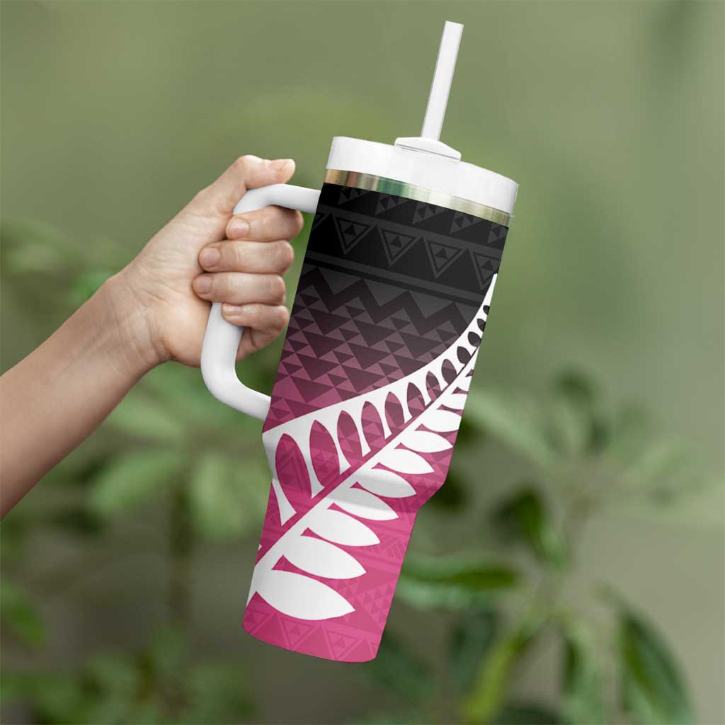 Pink Silver Fern Spirit Taniko Tukutuku Personalised Tumbler With Handle LT9 - Polynesian Pride