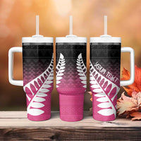 Pink Silver Fern Spirit Taniko Tukutuku Personalised Tumbler With Handle LT9 - Polynesian Pride