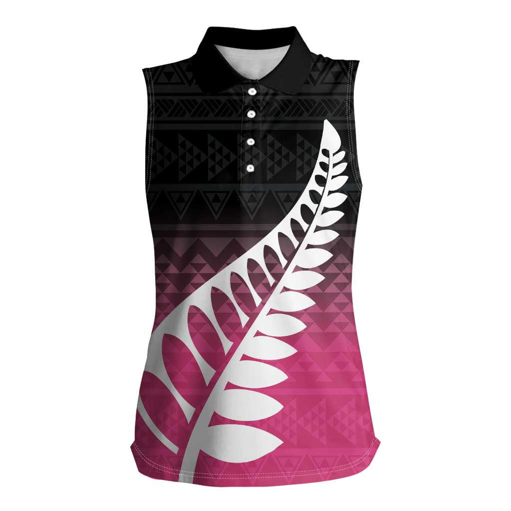 Pink Silver Fern Spirit Taniko Tukutuku Personalised Women Sleeveless Polo Shirt