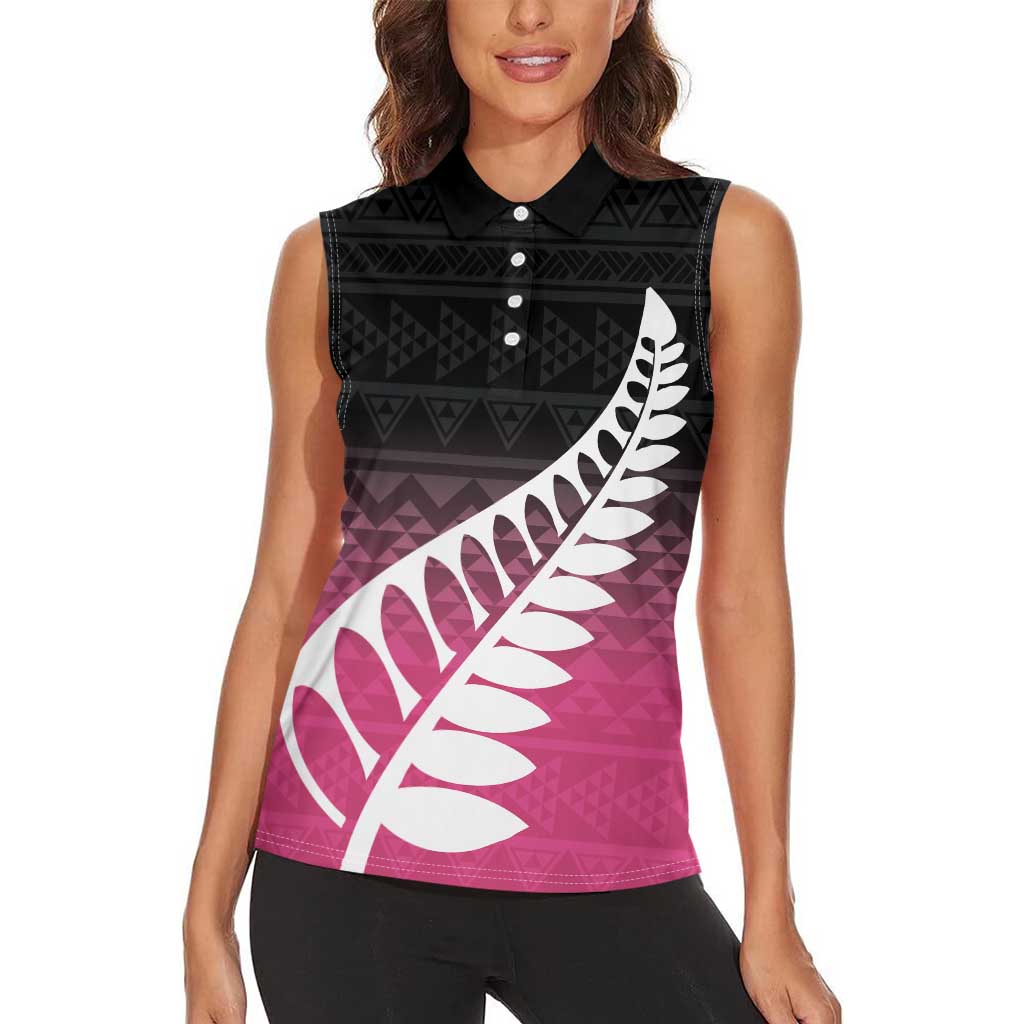 Pink Silver Fern Spirit Taniko Tukutuku Personalised Women Sleeveless Polo Shirt