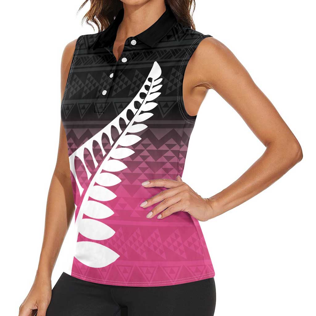 Pink Silver Fern Spirit Taniko Tukutuku Personalised Women Sleeveless Polo Shirt