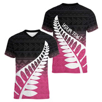 Pink Silver Fern Spirit Taniko Tukutuku Personalised Women V-Neck T-Shirt