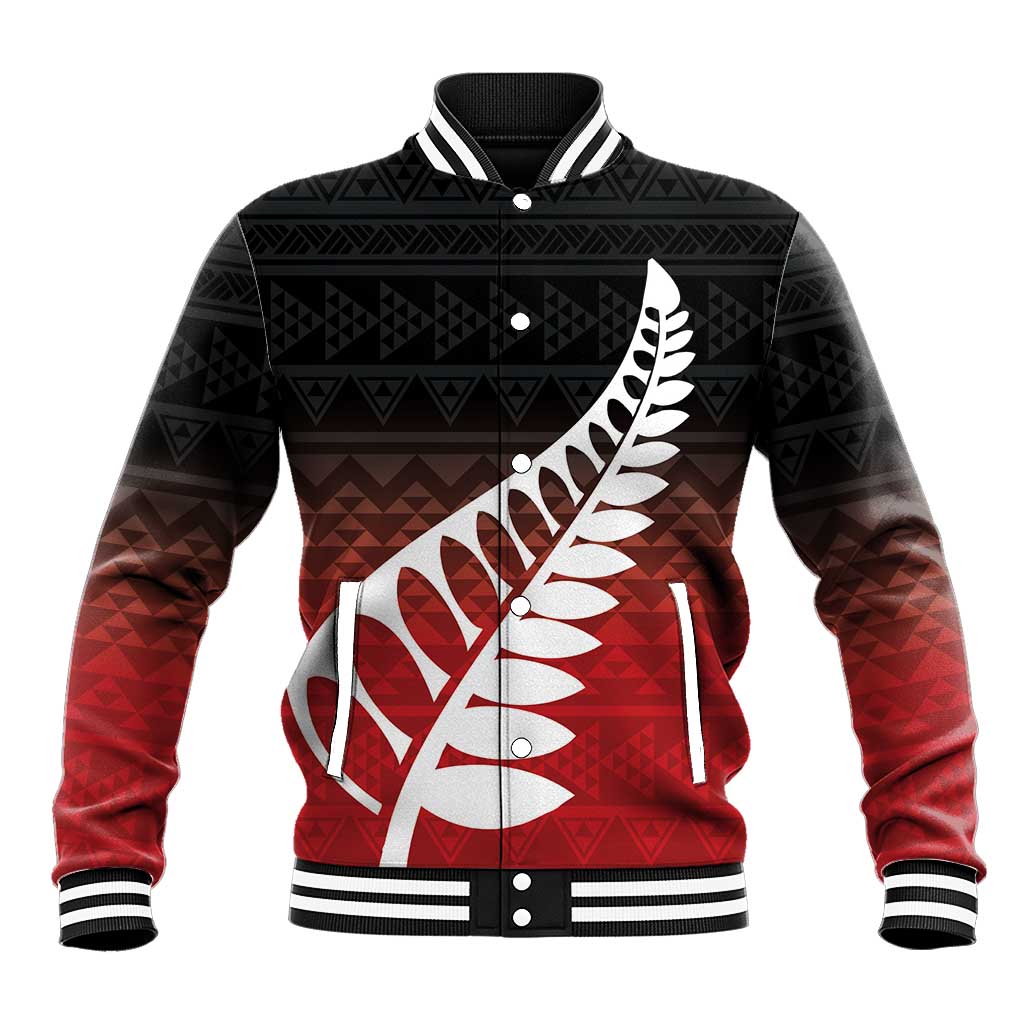 Red Silver Fern Spirit Taniko Tukutuku Personalised Baseball Jacket