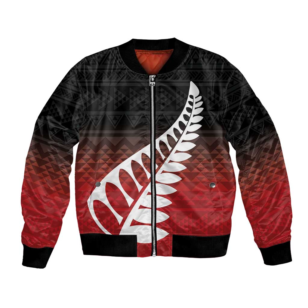 Red Silver Fern Spirit Taniko Tukutuku Personalised Bomber Jacket