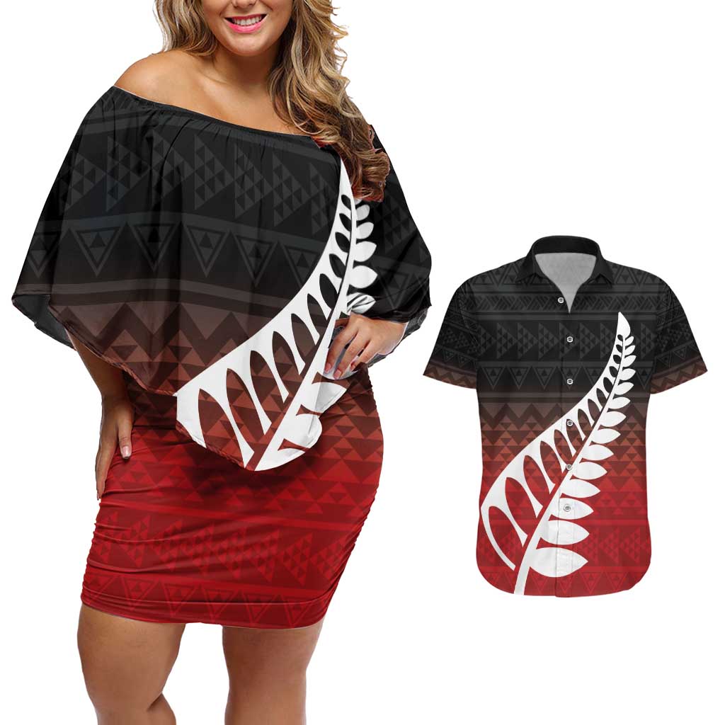 Red Silver Fern Spirit Taniko Tukutuku Personalised Couples Matching Off Shoulder Short Dress and Hawaiian Shirt LT9 Red - Polynesian Pride