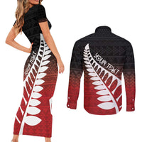 Red Silver Fern Spirit Taniko Tukutuku Personalised Couples Matching Short Sleeve Bodycon Dress and Long Sleeve Button Shirt