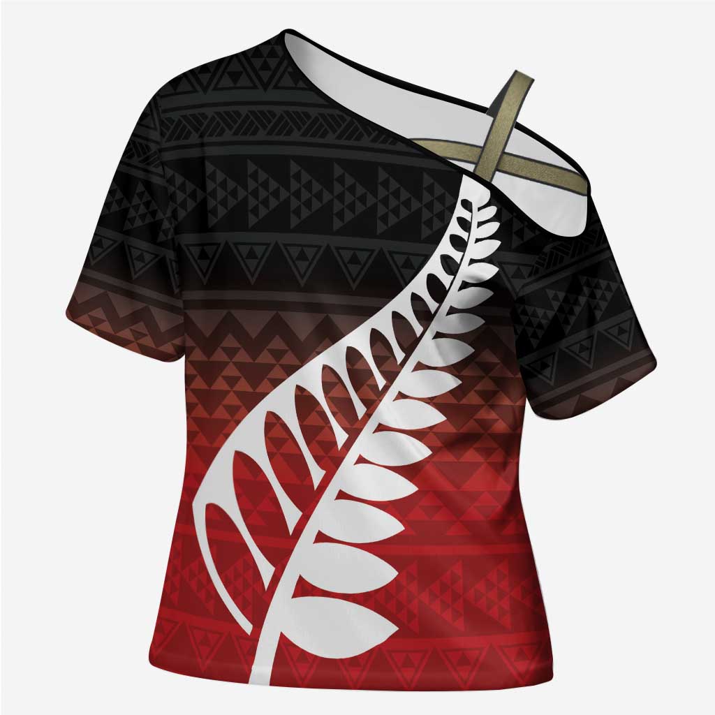 Red Silver Fern Spirit Taniko Tukutuku Personalised Cross Shoulder Shirt - Polynesian Pride