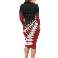 Red Silver Fern Spirit Taniko Tukutuku Personalised Family Matching Long Sleeve Bodycon Dress and Hawaiian Shirt