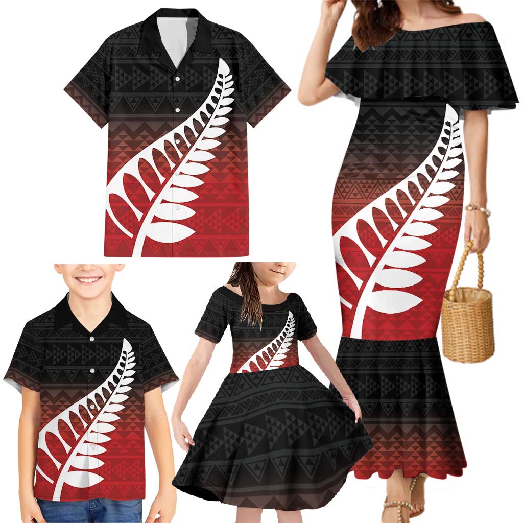Red Silver Fern Spirit Taniko Tukutuku Personalised Family Matching Mermaid Dress and Hawaiian Shirt