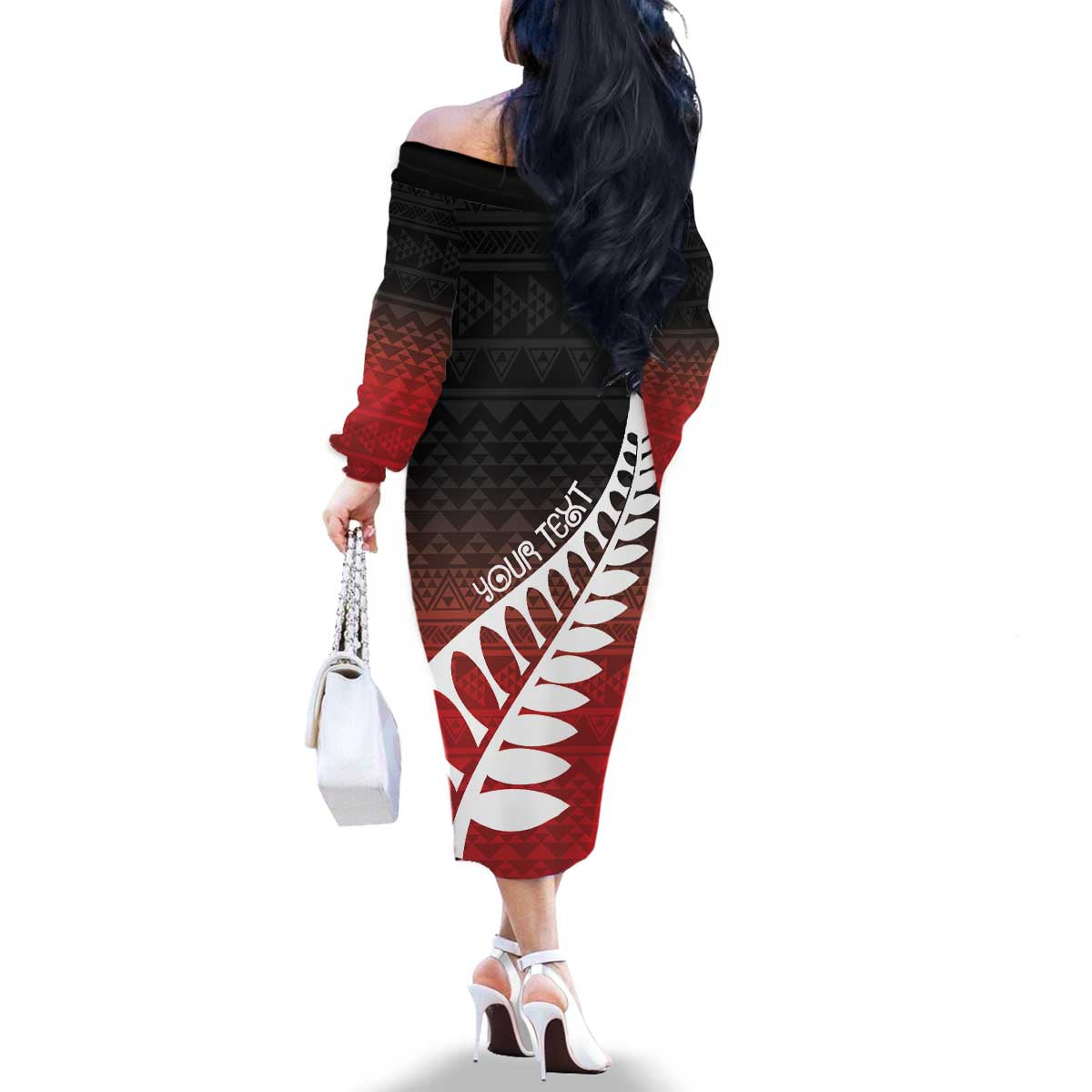 Red Silver Fern Spirit Taniko Tukutuku Personalised Family Matching Off The Shoulder Long Sleeve Dress and Hawaiian Shirt