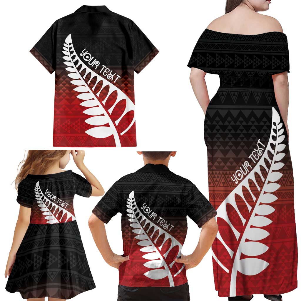 Red Silver Fern Spirit Taniko Tukutuku Personalised Family Matching Off Shoulder Maxi Dress and Hawaiian Shirt