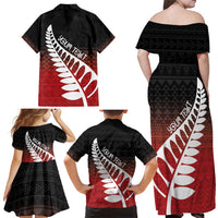 Red Silver Fern Spirit Taniko Tukutuku Personalised Family Matching Off Shoulder Maxi Dress and Hawaiian Shirt
