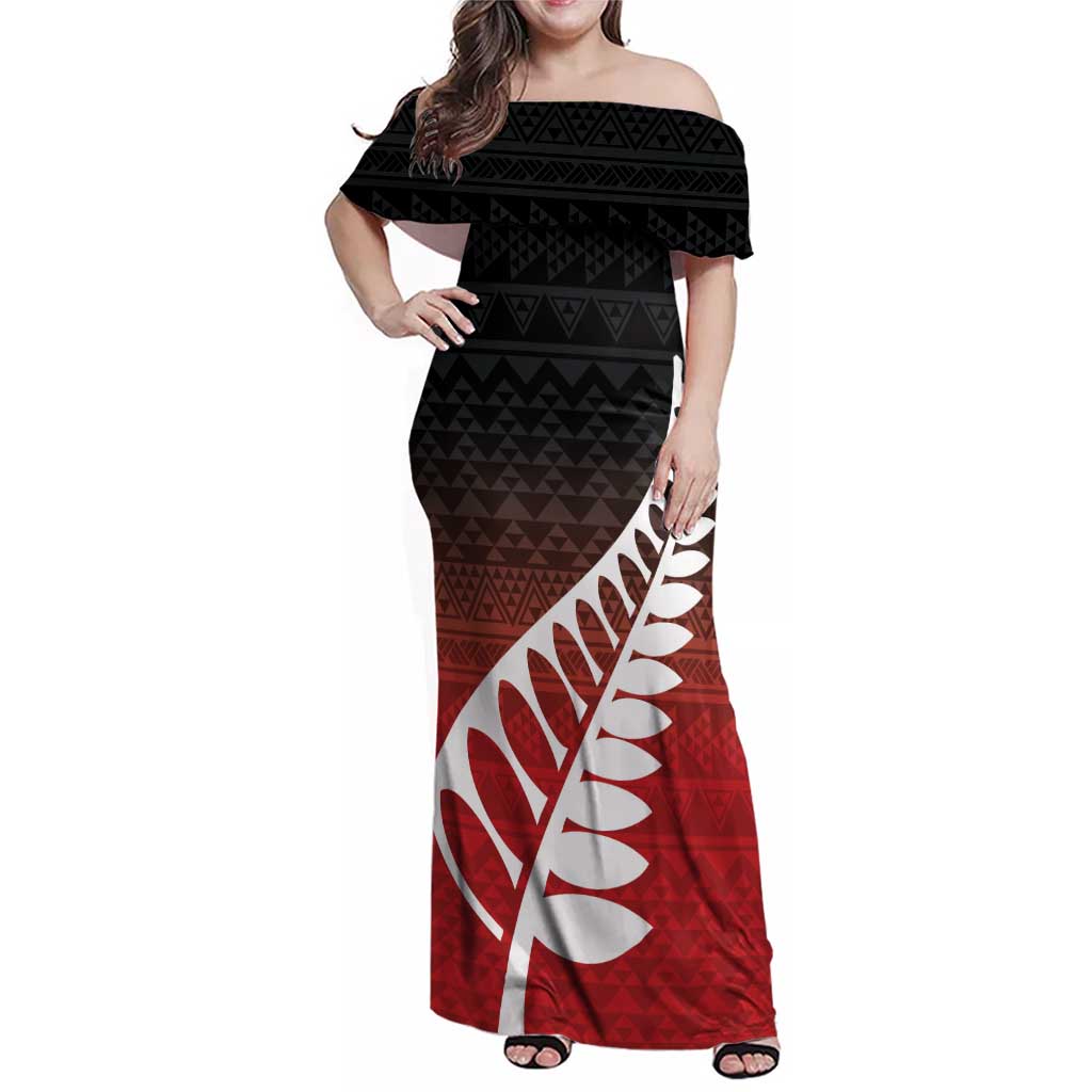 Red Silver Fern Spirit Taniko Tukutuku Personalised Family Matching Off Shoulder Maxi Dress and Hawaiian Shirt