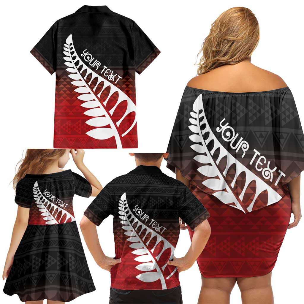 Red Silver Fern Spirit Taniko Tukutuku Personalised Family Matching Off Shoulder Short Dress and Hawaiian Shirt