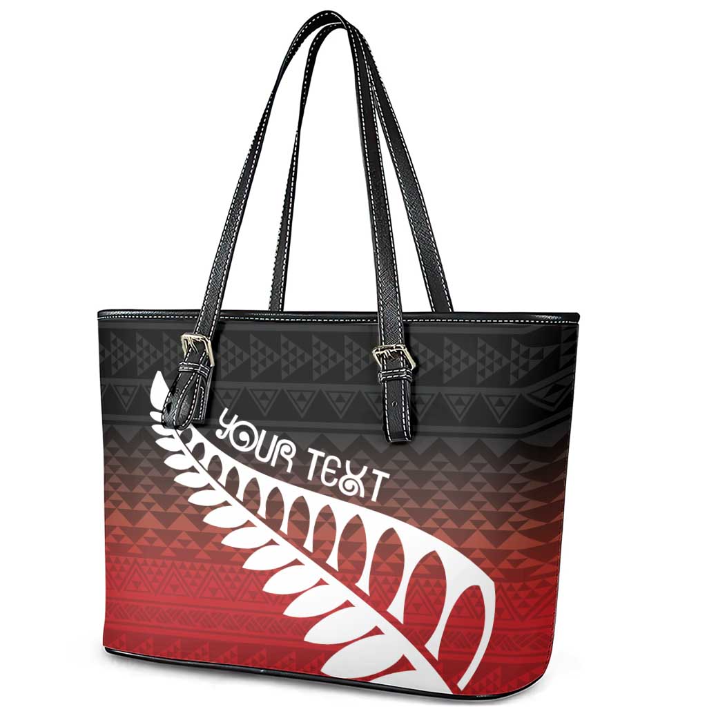 Red Silver Fern Spirit Taniko Tukutuku Personalised Leather Tote Bag