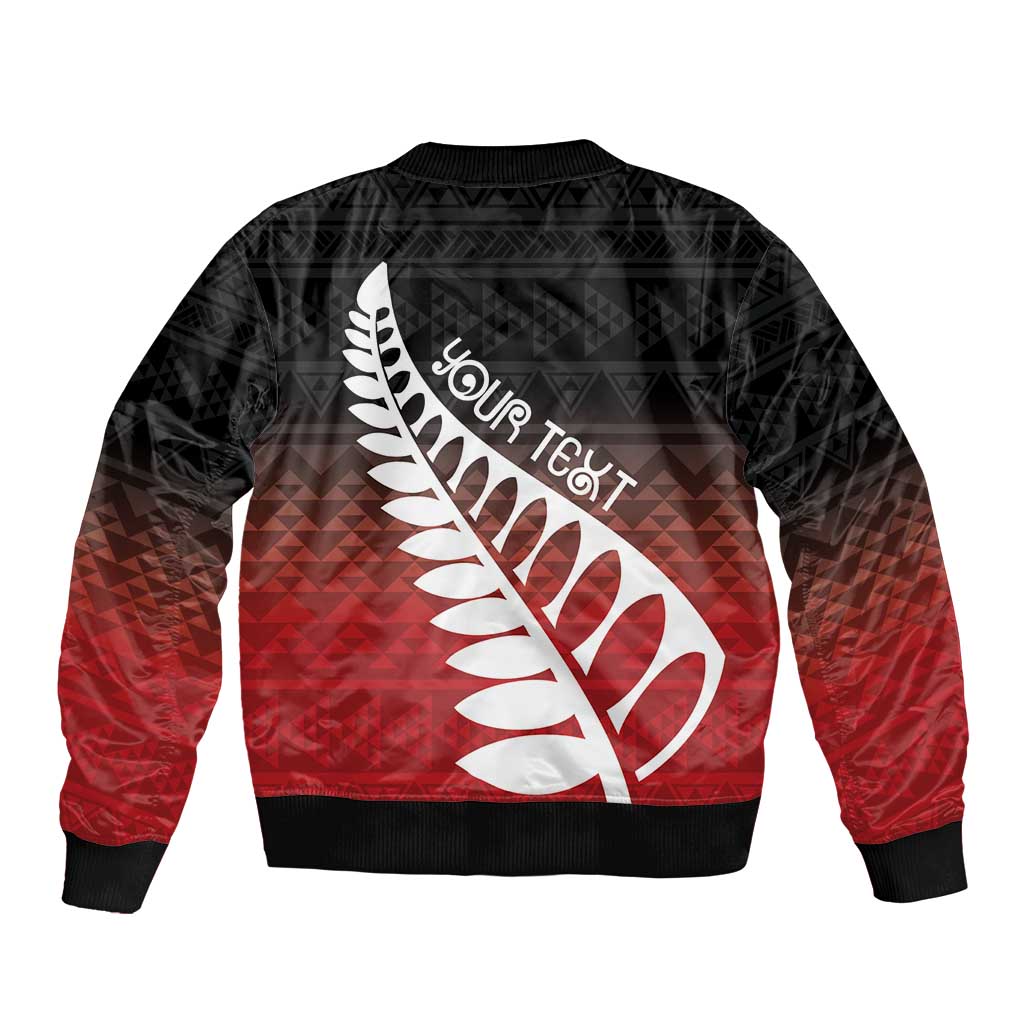 Red Silver Fern Spirit Taniko Tukutuku Personalised Sleeve Zip Bomber Jacket