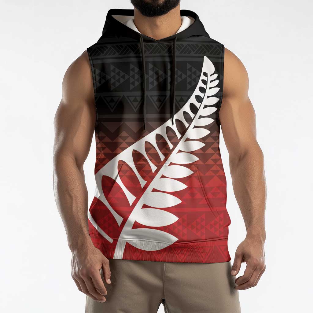 Red Silver Fern Spirit Taniko Tukutuku Personalised Sleeveless Hoodie - Polynesian Pride