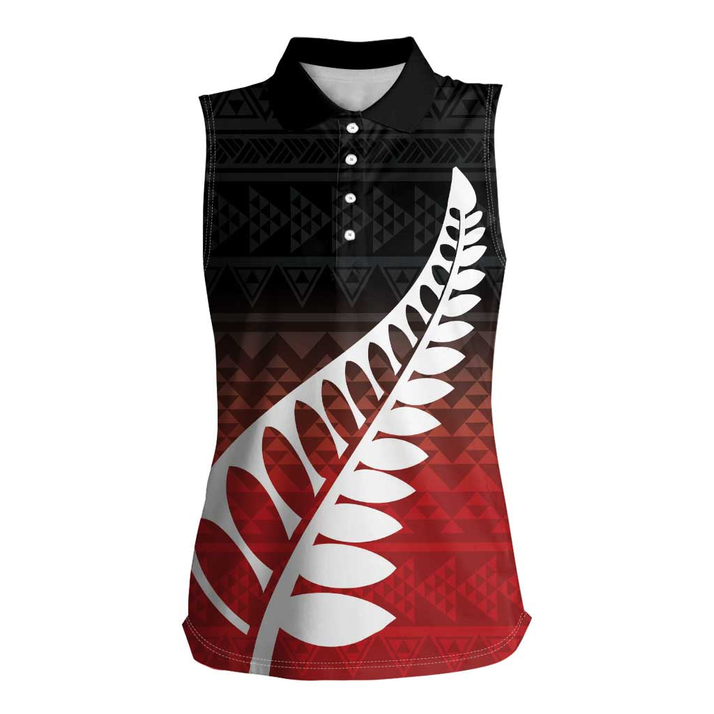 Red Silver Fern Spirit Taniko Tukutuku Personalised Women Sleeveless Polo Shirt