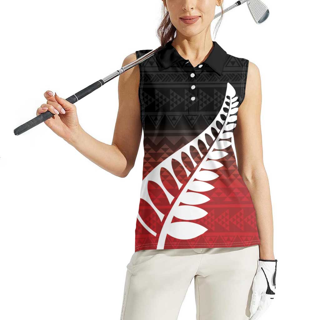 Red Silver Fern Spirit Taniko Tukutuku Personalised Women Sleeveless Polo Shirt