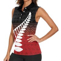 Red Silver Fern Spirit Taniko Tukutuku Personalised Women Sleeveless Polo Shirt
