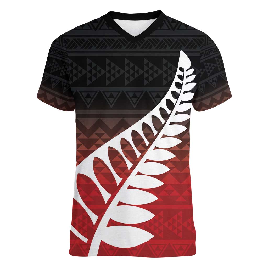 Red Silver Fern Spirit Taniko Tukutuku Personalised Women V-Neck T-Shirt