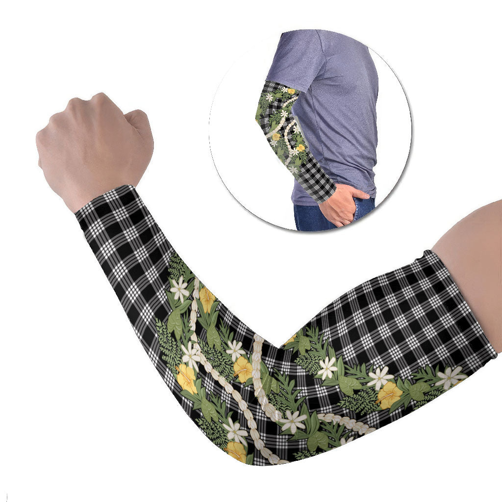 Aloha Puakenikeni Anthurium Pikake Lei Arm Sleeves Black Hawaiian Palaka Pattern LT9 Set of 2 Black - Polynesian Pride