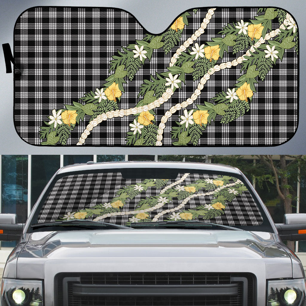 Aloha Puakenikeni Anthurium Pikake Lei Auto Sun Shade Black Hawaiian Palaka Pattern LT9 Black - Polynesian Pride