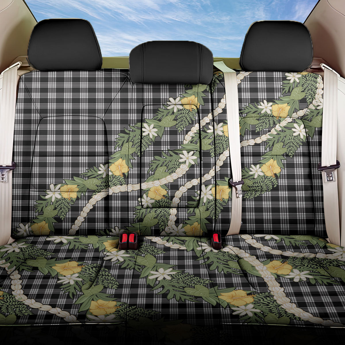 Aloha Puakenikeni Anthurium Pikake Lei Back Car Seat Cover Black Hawaiian Palaka Pattern LT9 One Size Black - Polynesian Pride
