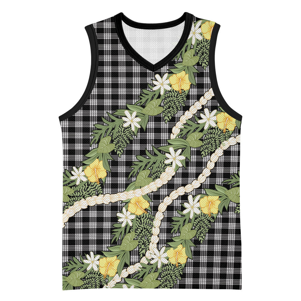 Aloha Puakenikeni Anthurium Pikake Lei Basketball Jersey Black Hawaiian Palaka Pattern LT9 Unisex Black - Polynesian Pride