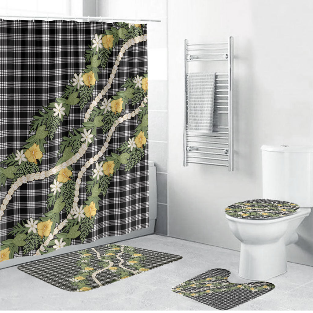 Aloha Puakenikeni Anthurium Pikake Lei Bathroom Set Black Hawaiian Palaka Pattern LT9 Bathroom Set (4 pcs) Black - Polynesian Pride