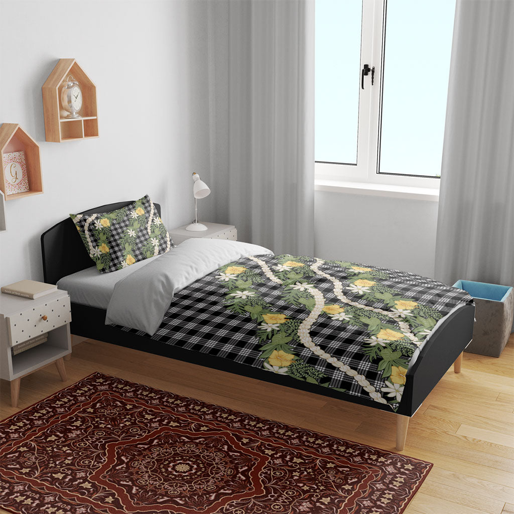 Aloha Puakenikeni Anthurium Pikake Lei Bedding Set Black Hawaiian Palaka Pattern