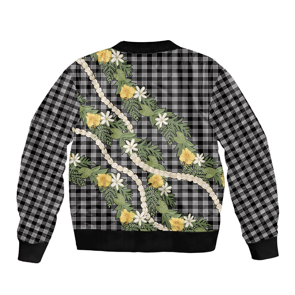 Aloha Puakenikeni Anthurium Pikake Lei Bomber Jacket Black Hawaiian Palaka Pattern