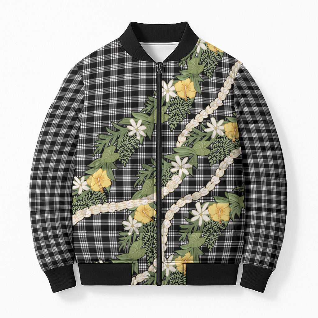 Aloha Puakenikeni Anthurium Pikake Lei Bomber Puffer Jacket Black Hawaiian Palaka Pattern LT9 Unisex Black - Polynesian Pride