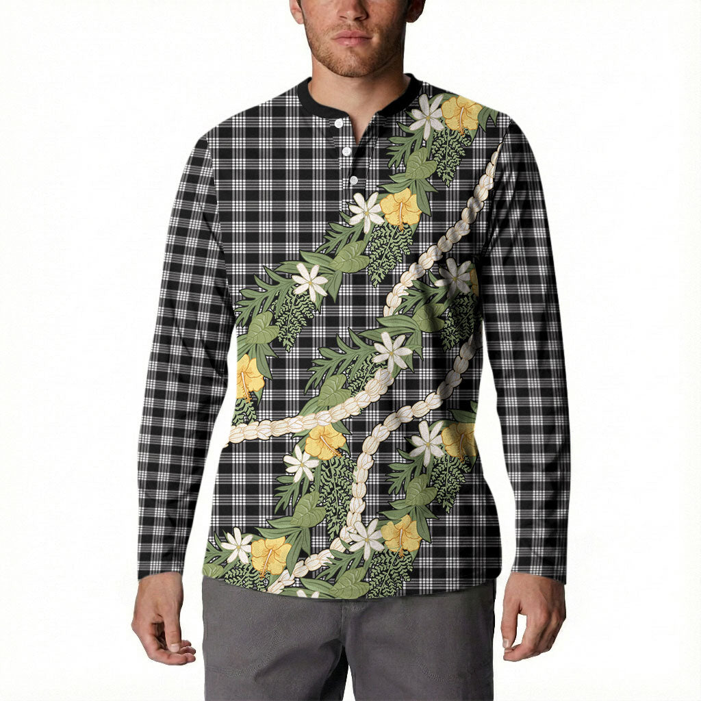 Aloha Puakenikeni Anthurium Pikake Lei Button Sweatshirt Black Hawaiian Palaka Pattern