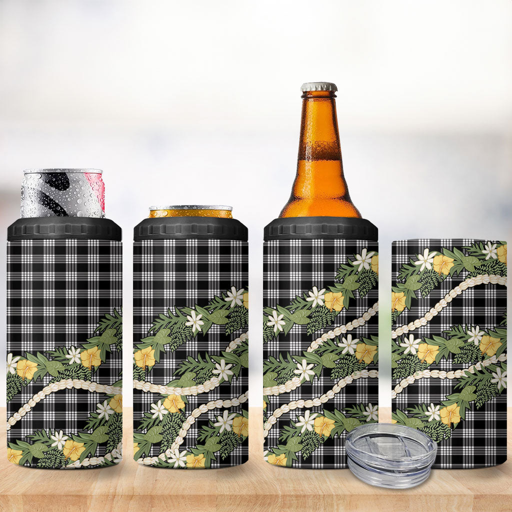 Aloha Puakenikeni Anthurium Pikake Lei 4 in 1 Can Cooler Tumbler Black Hawaiian Palaka Pattern LT9 - Polynesian Pride