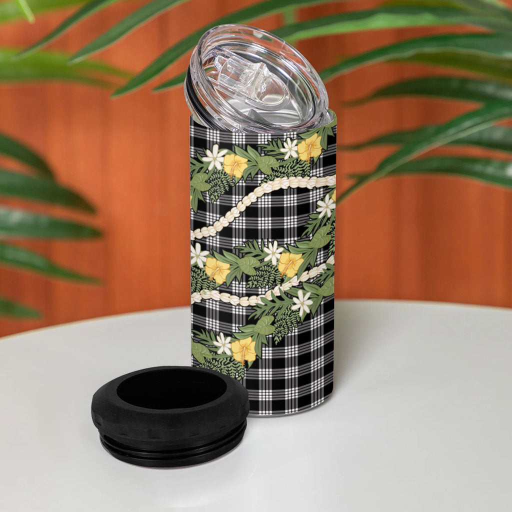 Aloha Puakenikeni Anthurium Pikake Lei 4 in 1 Can Cooler Tumbler Black Hawaiian Palaka Pattern LT9 - Polynesian Pride