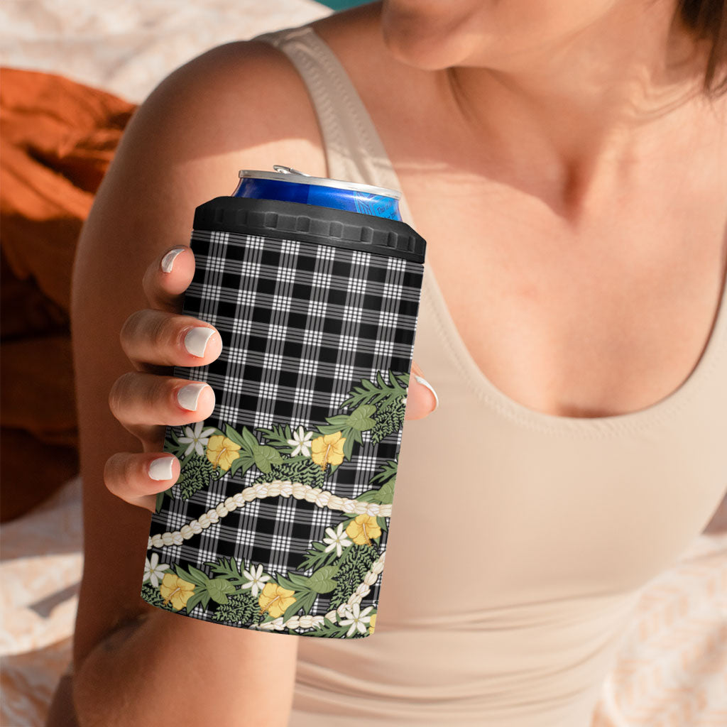 Aloha Puakenikeni Anthurium Pikake Lei 4 in 1 Can Cooler Tumbler Black Hawaiian Palaka Pattern LT9 - Polynesian Pride