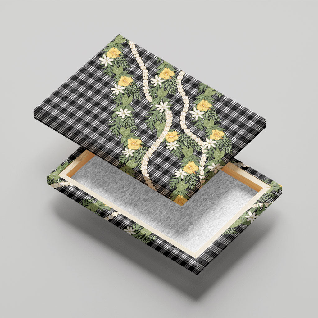 Aloha Puakenikeni Anthurium Pikake Lei Canvas Wall Art Black Hawaiian Palaka Pattern