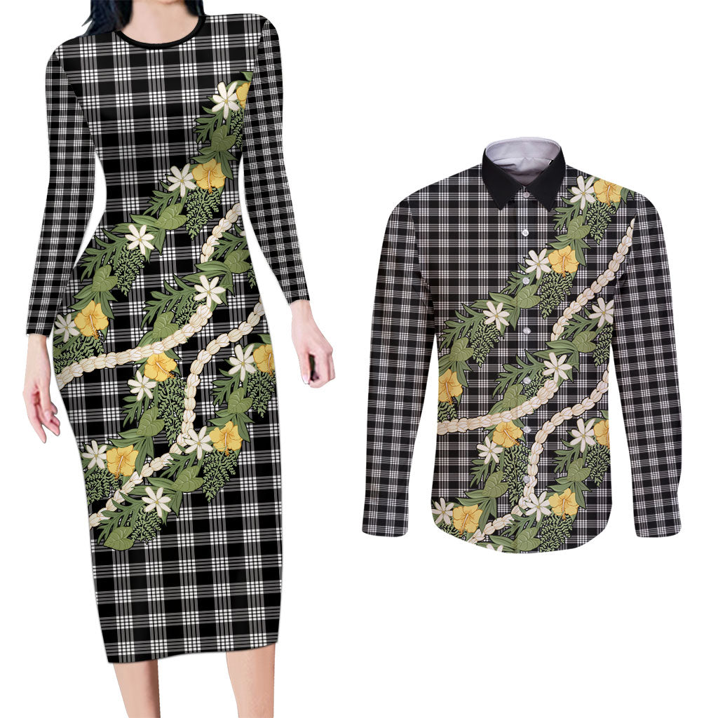 Aloha Puakenikeni Anthurium Pikake Lei Couples Matching Long Sleeve Bodycon Dress and Long Sleeve Button Shirt Black Hawaiian Palaka Pattern LT9 Black - Polynesian Pride